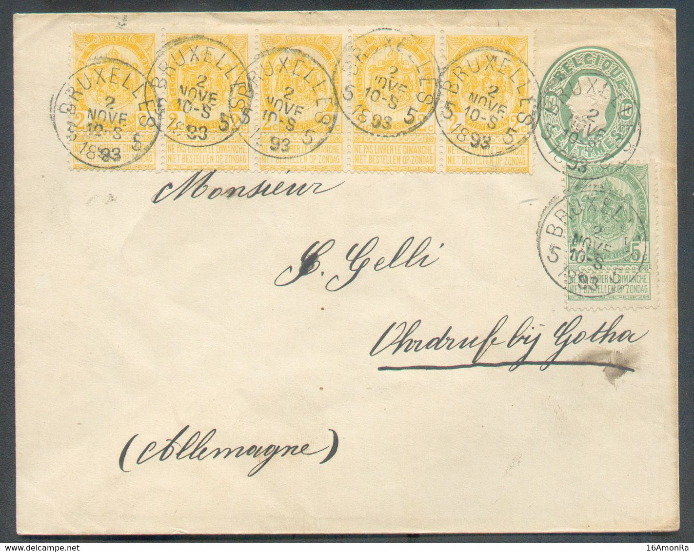 N°54(5)-56 En Affr. Compl. S/E.P. Env. 10 Cent. Em. 1869, Obl. Sc BRUXELLES 5 du 2 Novembre 1893 Vers Ohrdruf (Allemagne - Enveloppes