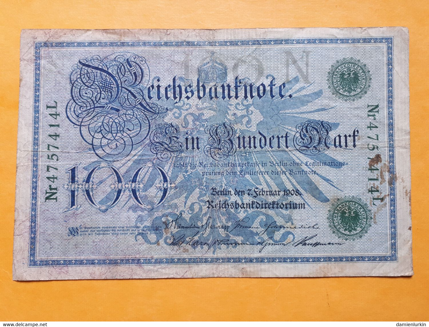 ALLEMAGNE 100 MARK 1908 CACHET VERT - 100 Mark