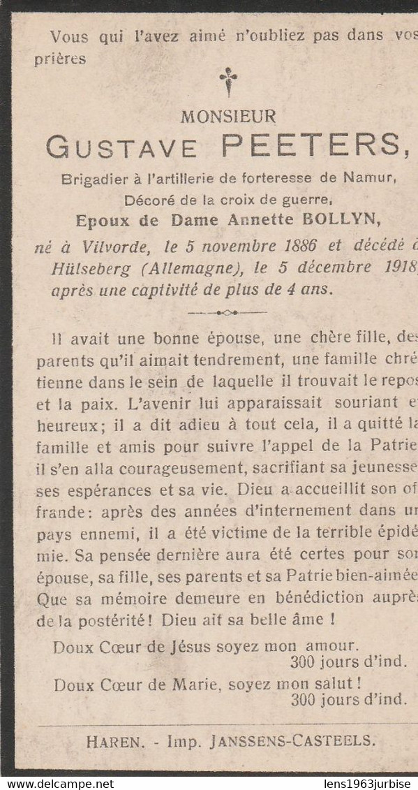 ABL , Peeters Né à Vilvorde 1886 Décédé à Hülseberg( Allemagne ) 1918 , Artillerie De Forteresse - Obituary Notices