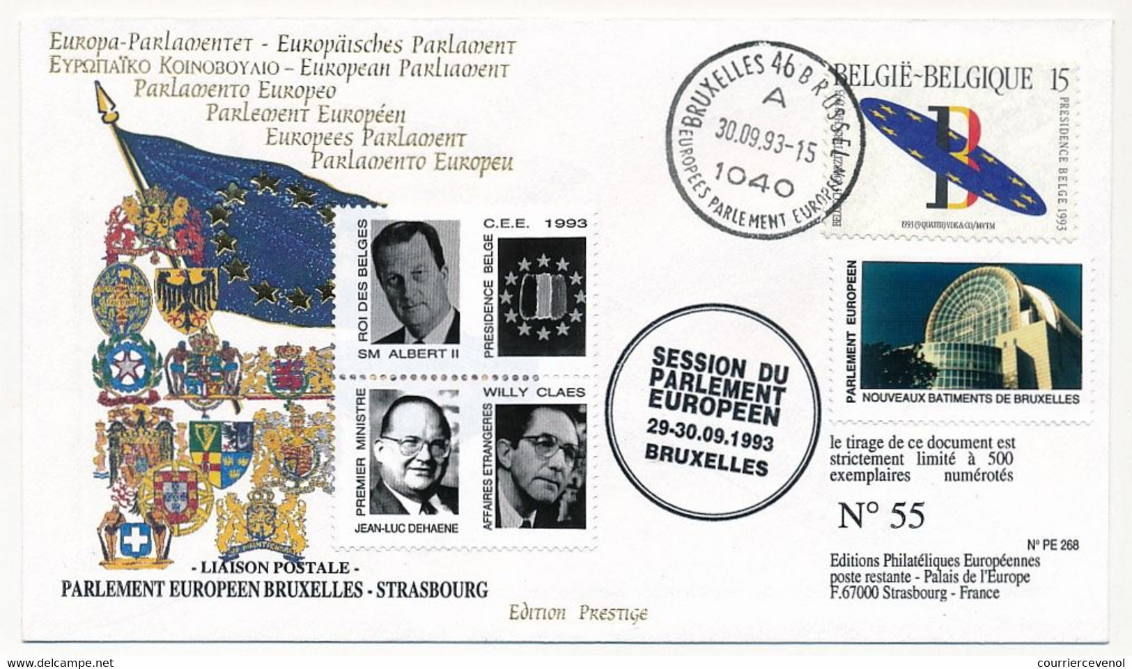 BELGIQUE - Env. Affr Présidence Belge - Bruxelles Parlement Européen 30/9/1993 + Vignettes Présidence Et Parlement - Storia Postale