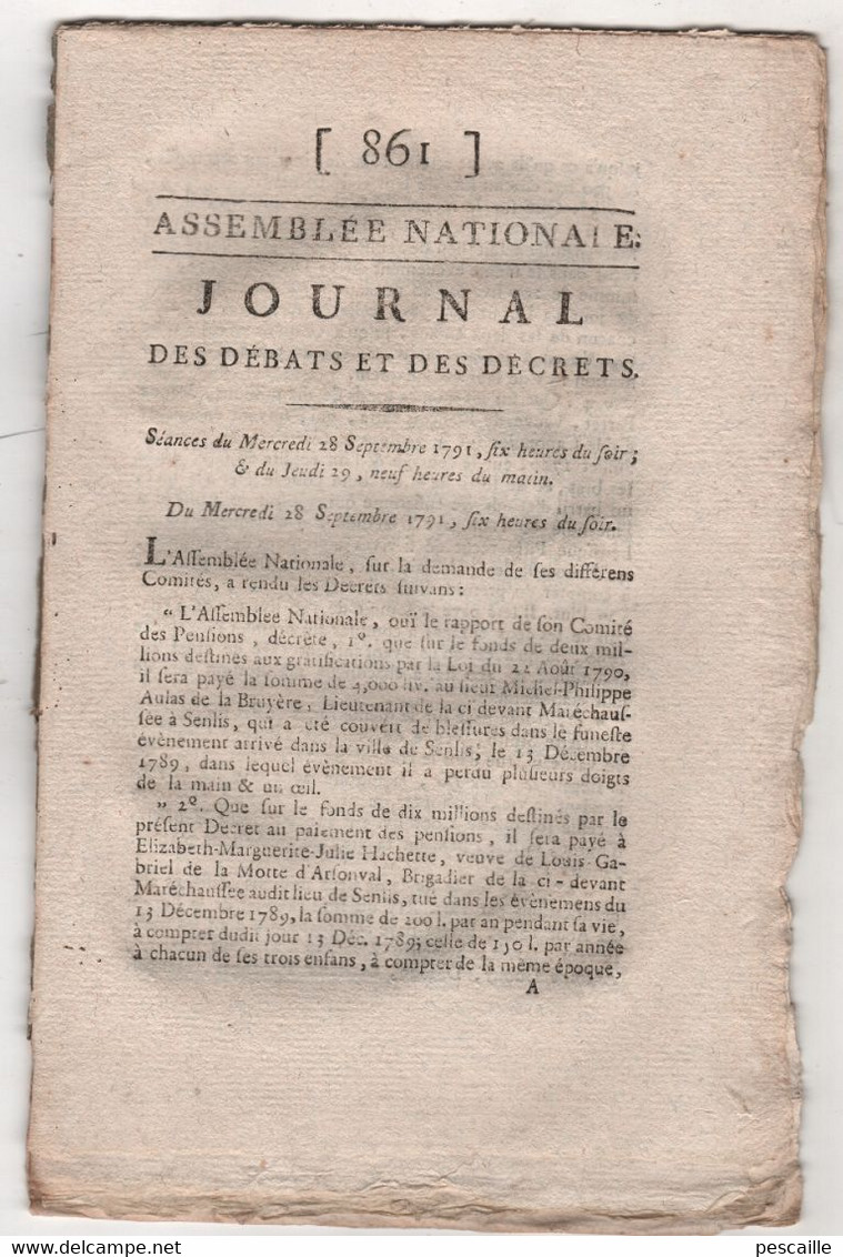 REVOLUTION FRANCAISE JOURNAL DES DEBATS 28 09 1791  AIDES PENSIONS - BARRERE DE VIEUZAC - IMPOTS - ROBESPIERRE SOCIETES - Periódicos - Antes 1800