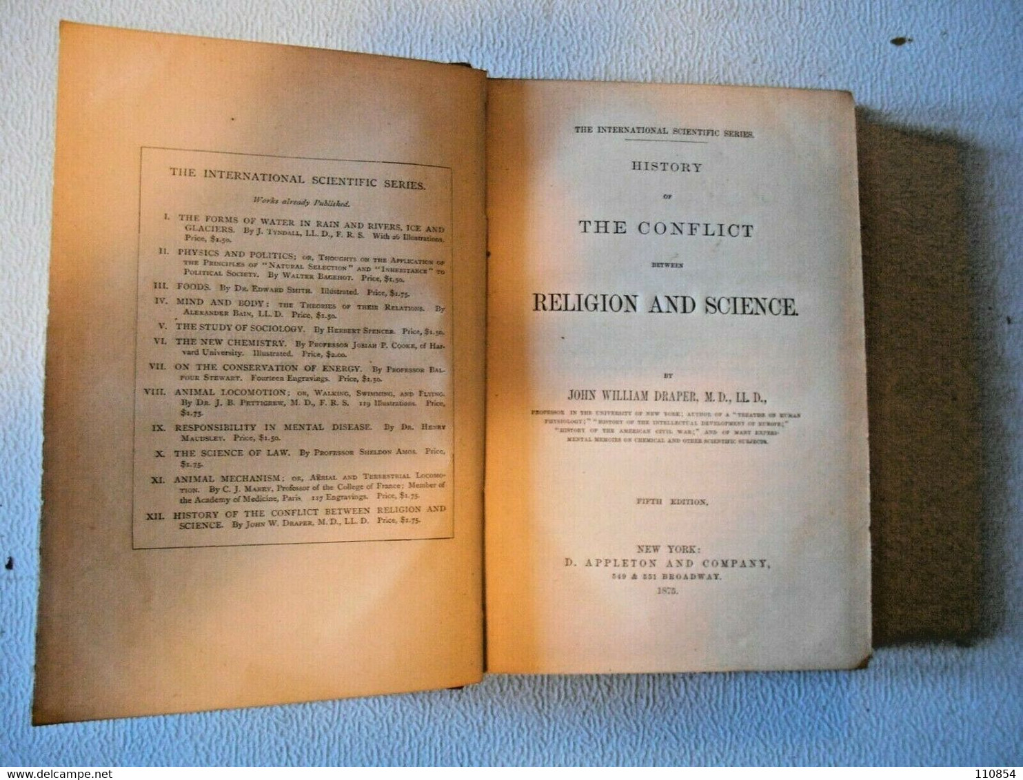 J.W. Drapper ,History Of The Conflict Between Religion And Science-New York 1875 - Andere & Zonder Classificatie