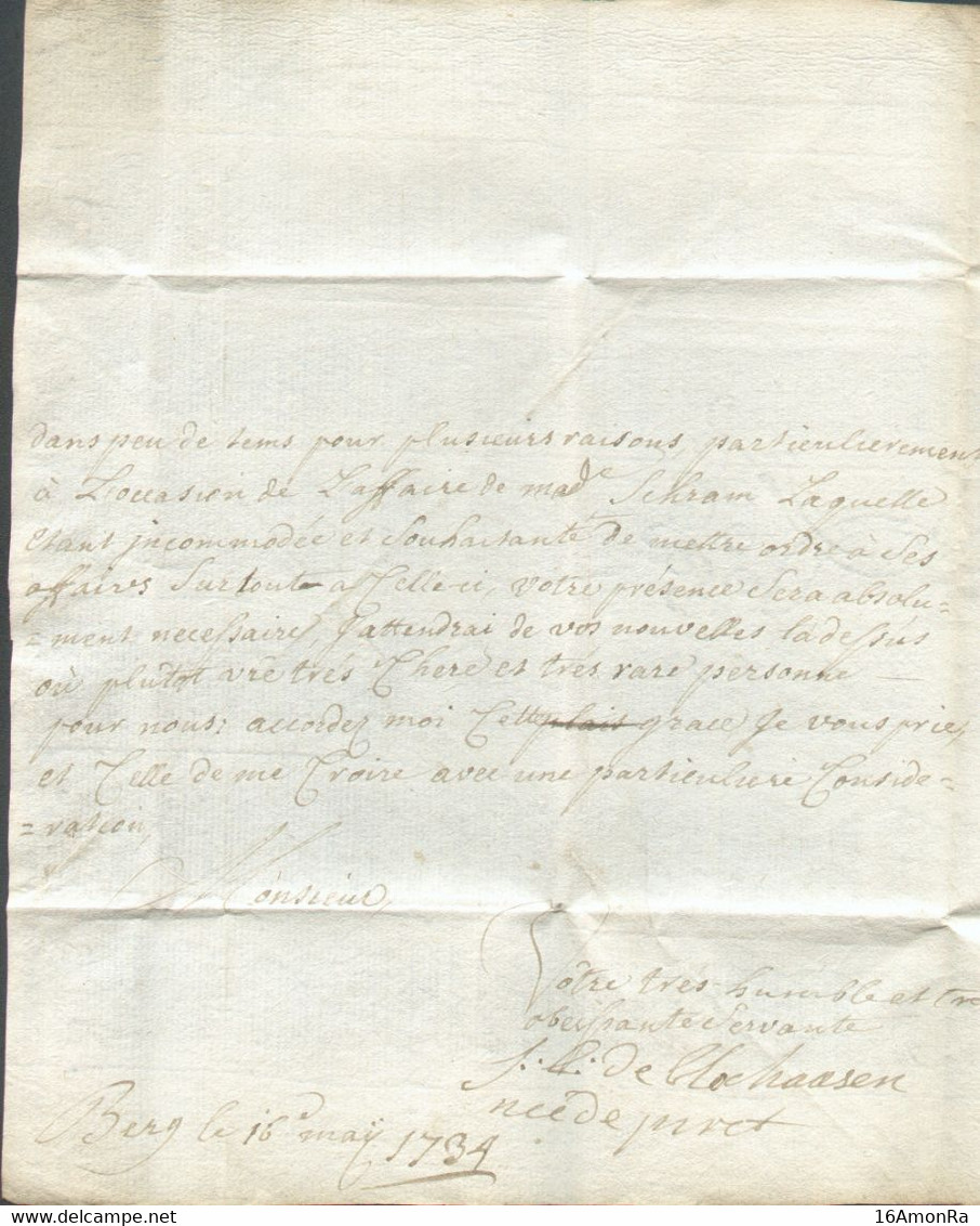 LAC De BERGH le 16 Mai 1734 Vers Adressée à Mr. De Traux, Secrétaire Des Etats Et Avocat Au Conseil Provincial De Luxemb - ...-1852 Prefilatelia