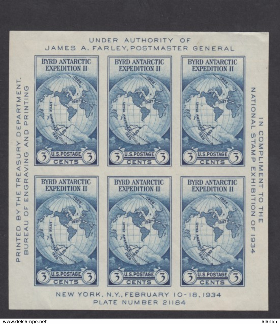 Sc#735, 1934 National Stamp Exhibition Issue,  Souvenir Sheet Of 6 3c Bryd Antarctic Expedition - Souvenirkarten