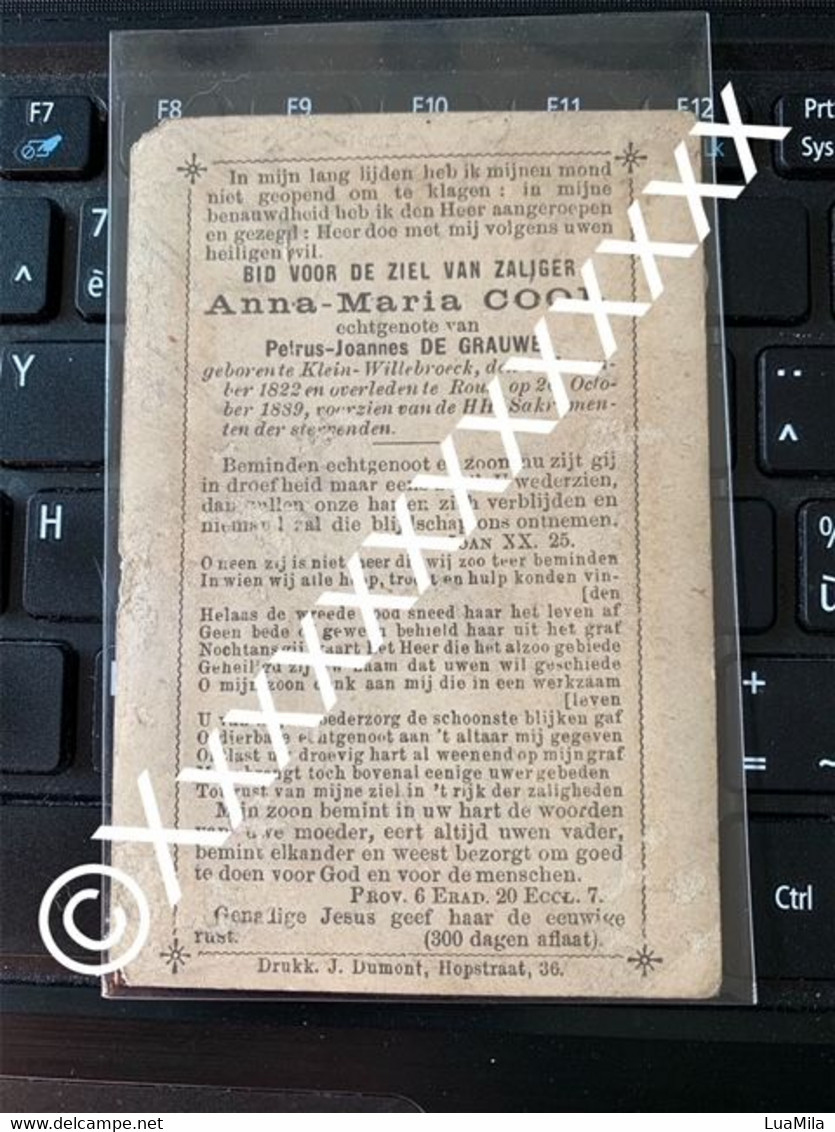 O108 Anna Maria Cool Petrus De Grauwe Klein Willebroeck Roux 1822 1889 Doodsprentje Bidprentje - Obituary Notices