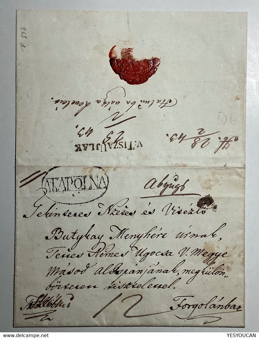 V: TISZAUJLAK RRR Pre-Stamp Cover From Kapolna 1843 (UKRAINE VYLOK Österreich Ungarn Vorphilatelie Brief Hungary Russia - ...-1850 Voorfilatelie