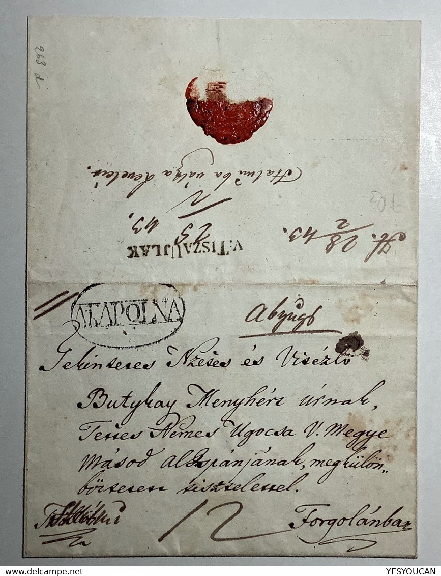 V: TISZAUJLAK RRR Pre-Stamp Cover From Kapolna 1843 (UKRAINE VYLOK Österreich Ungarn Vorphilatelie Brief Hungary Russia - ...-1850 Prefilatelia