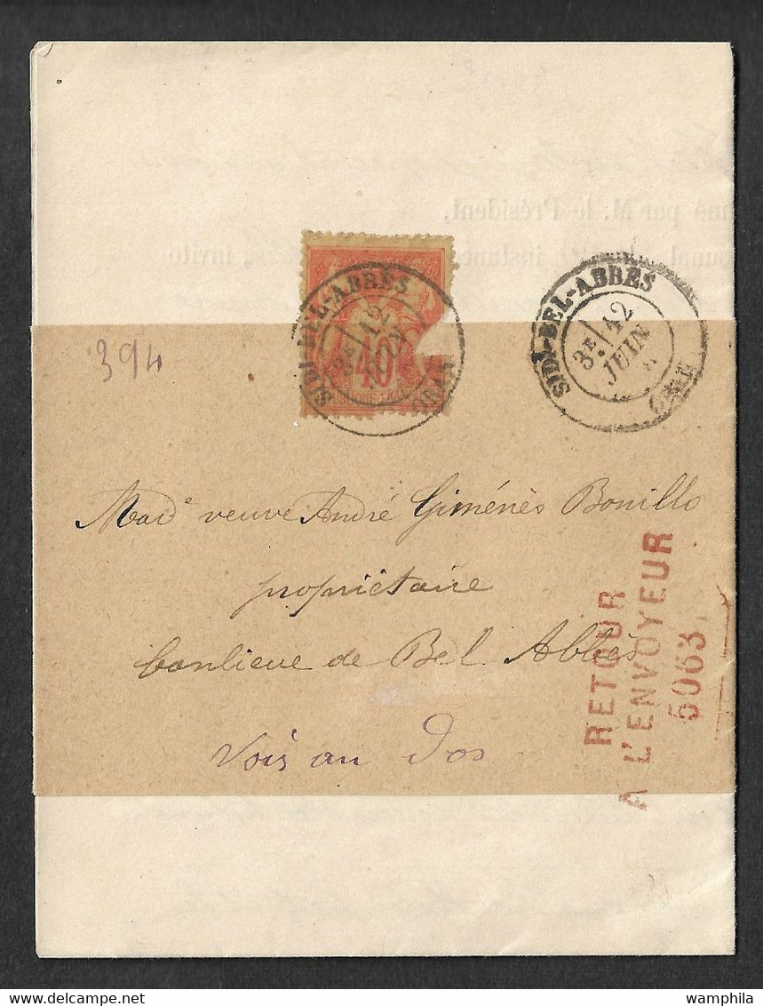 Algérie. 1886, Lettre De Sidi-Bel-Abbès Avec Retour à L'envoyeur Numéroté 5063. - Other & Unclassified