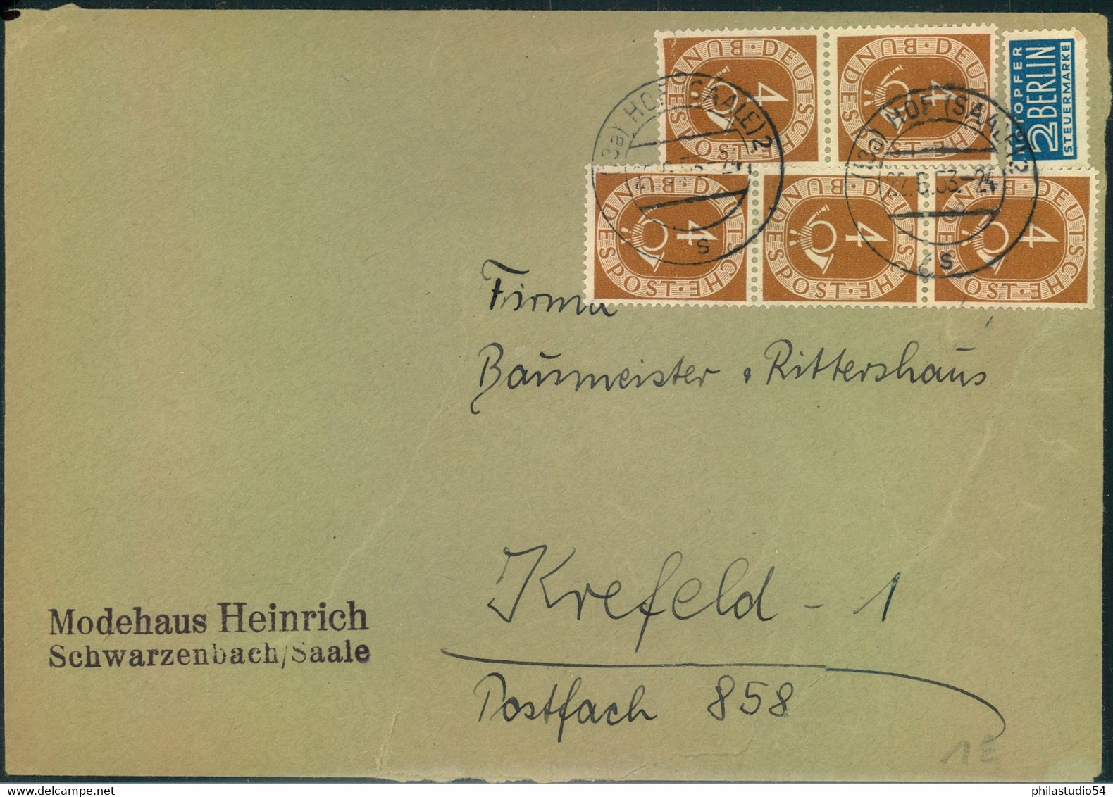 1953, POSTHORN, 5-mal 4 Pfg. Auf Fernbrief Ab SCHWARZENBACH (SAALE) - Other & Unclassified