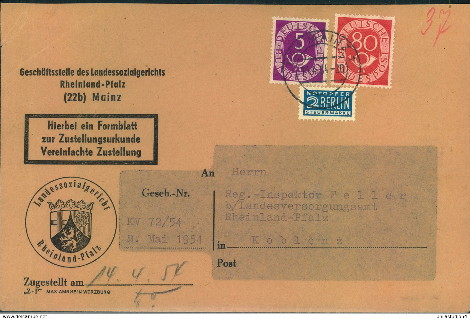 1954, POSTHORN: Zustellung Ab MAINZ - Other & Unclassified
