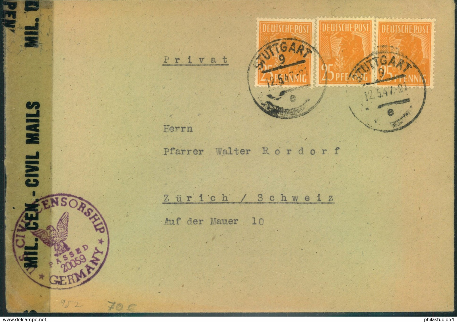 1947, 25 Pfg. Arbeiter 3-mal Auf Auslandsbrief Ab STUTTGART Mit US-Zensur In Die Schweiz. - 952 (3) - Sonstige & Ohne Zuordnung