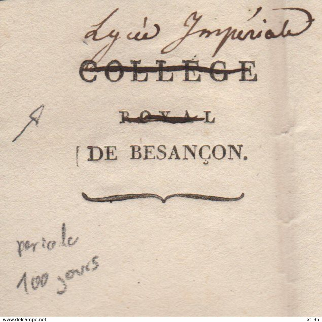 Besancon - 24 - Doubs - Port Paye - 1815 - Periode Des 100 Jours Mention Manuscrite Lycee Imperial - 1801-1848: Precursori XIX