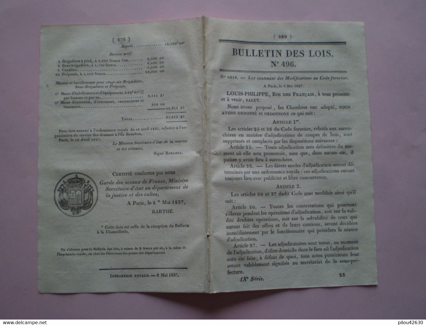 Ile De La Réunion, Organisation Du Service Des Douanes Ile Bourbon:  Emplois Avec Salaire Correspondant. Code Forestier - Décrets & Lois