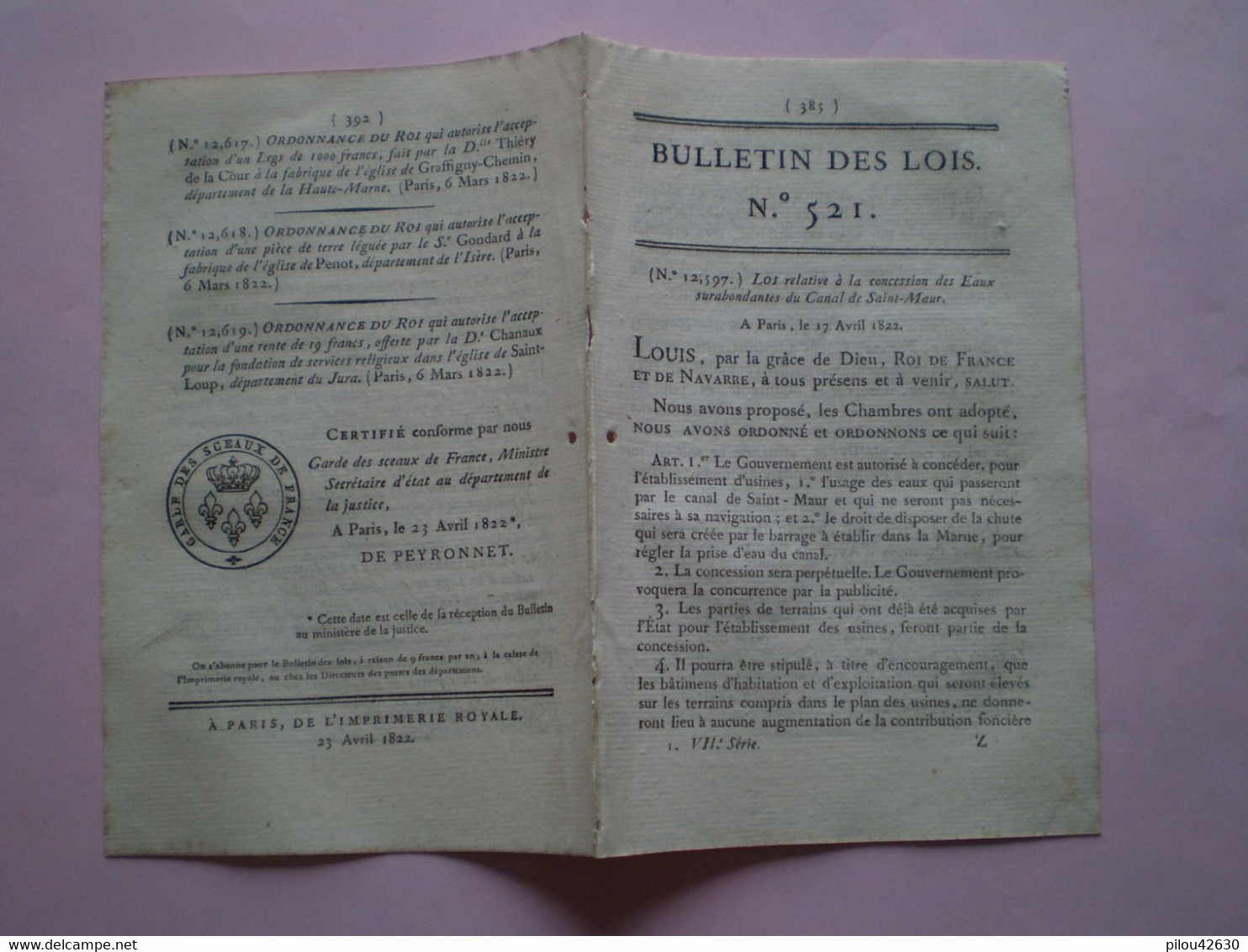 1822:Concession Des Eaux Surabondantes Du Canal De St Maur.Pont De Pierre De Rouen.Legs St Loup,Talasano,Penot ... - Décrets & Lois