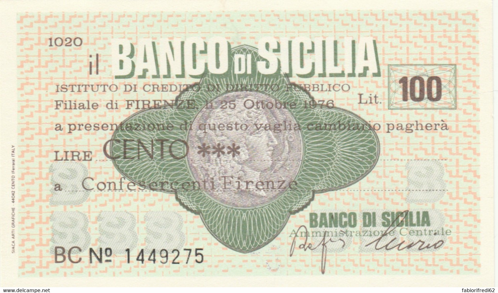 MINIASSEGNO BANCO SICILIA L.100 CONFES. FIRENZE CON GIRATE FDS (HC1653 - [10] Checks And Mini-checks