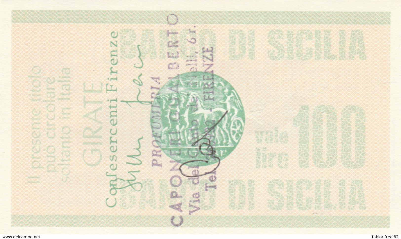 MINIASSEGNO BANCO SICILIA L.100 CONFES. FIRENZE CON GIRATE FDS (HC1653 - [10] Checks And Mini-checks