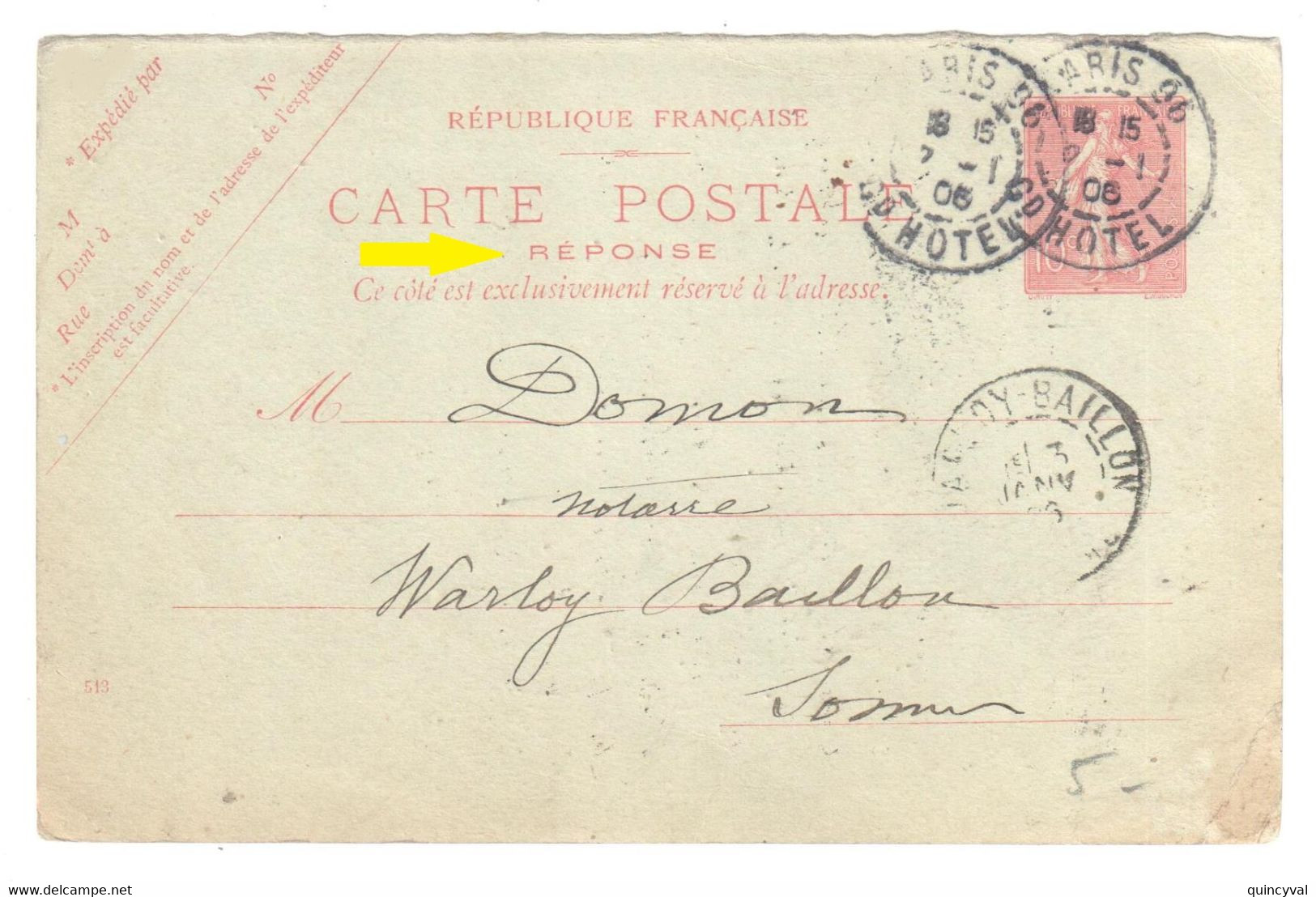 PARIS 96 Grand Hôtel 10 C Semeuse Lignée Entier Carte Postale REPONSE A5 Yv 129-CPR1 Mill 513 Dest Warloy Baillon Somme - Standard Postcards & Stamped On Demand (before 1995)