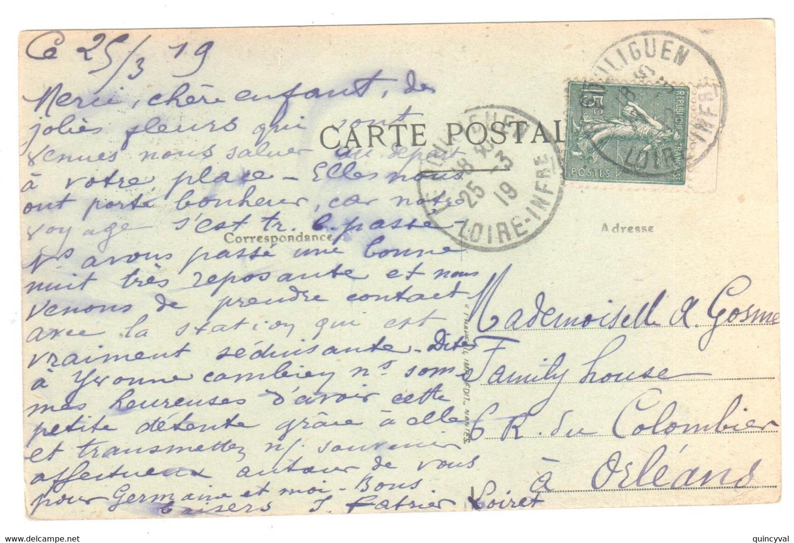 LE POULIGUEN Loire Inf Carte Postale 15c Semeuse Lignée Yv 130 Type V Issue De Carnet Avec Bandelette Ob 1919 - Lettres & Documents