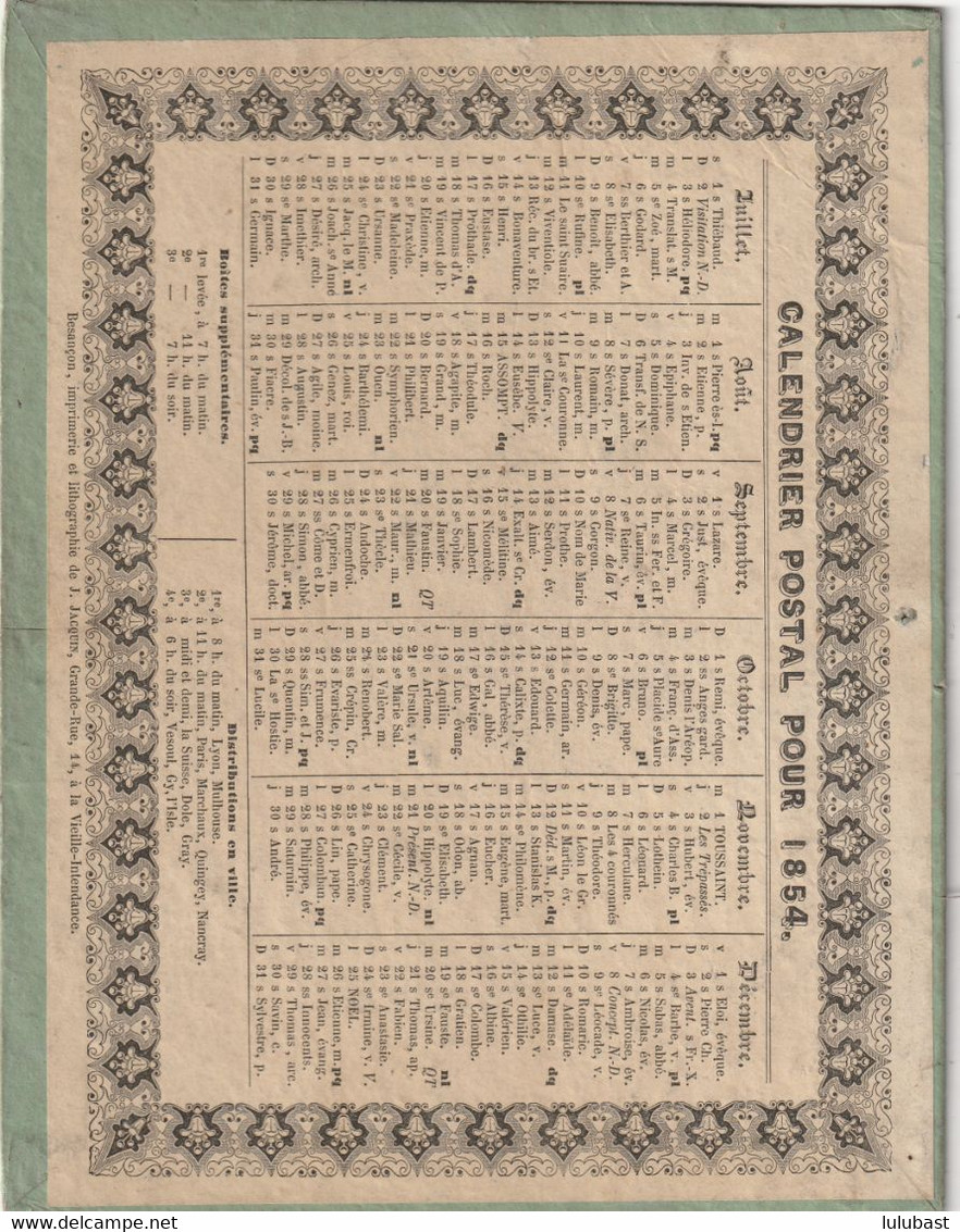 Calendrier Postal Pour 1854 De Besançon  Avec Heures Et Jours De Distribution En Ville. 3 Boîtes Supplémentaires. - Tamaño Grande : ...-1900