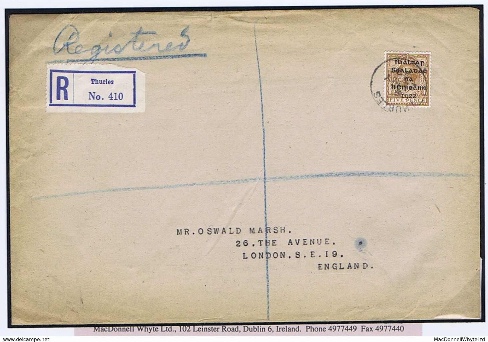 Ireland Tipperary 1922 Registered Cover To London With Single Dollard 5d Tied Cds THURLES 24 MY 22 - Brieven En Documenten