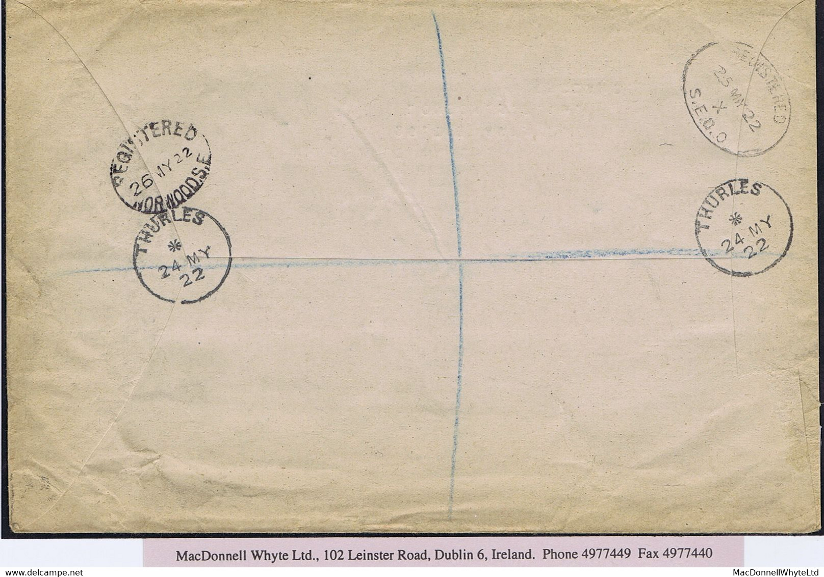 Ireland Tipperary 1922 Registered Cover To London With Single Dollard 5d Tied Cds THURLES 24 MY 22 - Covers & Documents