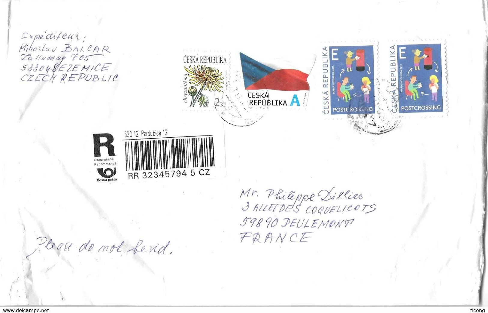 TCHEQUIE RECOMMANDEE ( VIGNETTE ) 2015 POUR LA FRANCE, FLEUR LE CHRYSANTHEME, BOITES AUX LETTRES, DRAPEAUX , A VOIR - Lettres & Documents