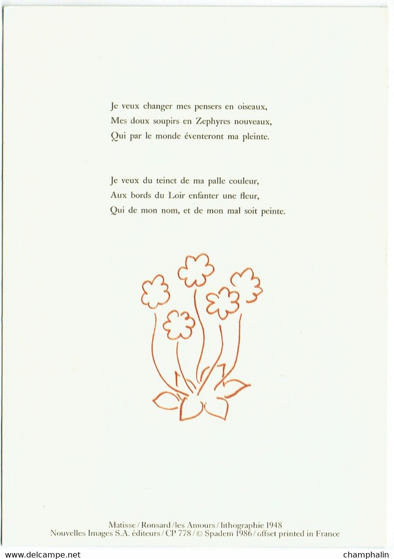 Poésie - Sonnet 16 - Poème De Pierre De Ronsard - Illustration Henri Matisse - Les Amours - Lithographie 1948 - Filosofie