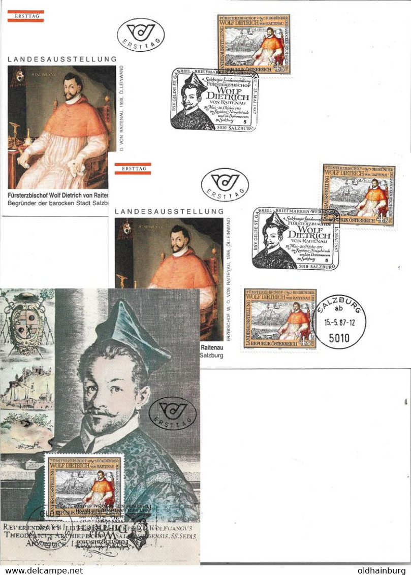 1835p: Österreich 1987, Fürsterzbischof Wolf Dietrich V. Raitenau, FDC & Maxikarte 3 Belege - Theologen