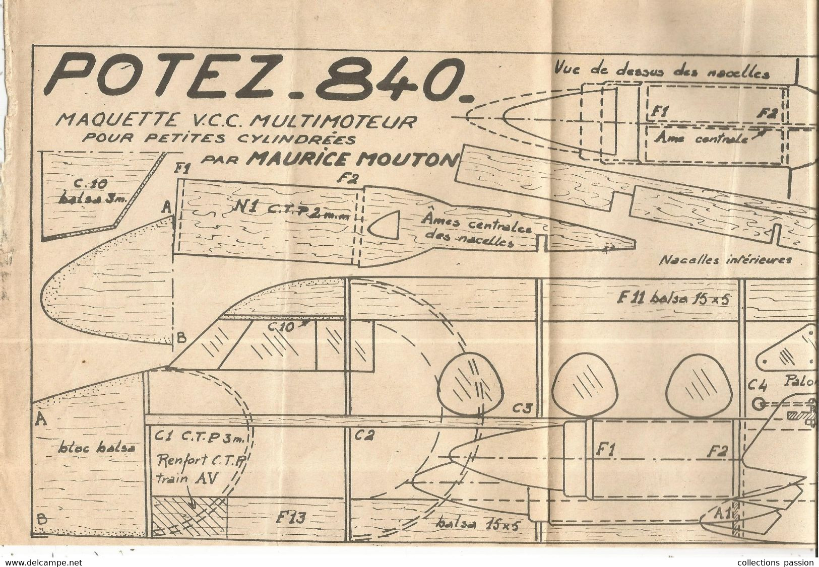 AVION , POTEZ-840 , Plan,maquette V.C.C. Multimoteur Pour Petites Cylindrées Par Maurice MOUTON,  Frais Fr 2.15 E - Non Classés