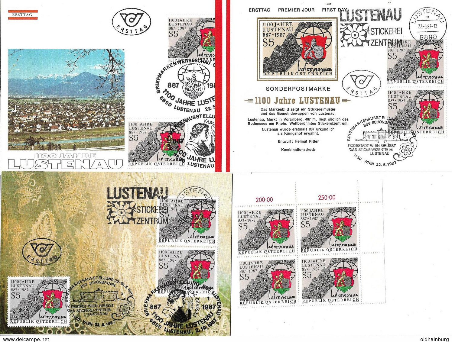 1835z: Österreich 1987, Stickerei- Industrie Vorarlberg, 6890 Lustenau- Belegsammlung & Viererblock ** - Lustenau