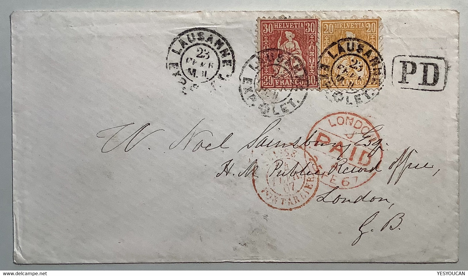 LAUSANNE 1867 Brief>LONDON GB, Tadellose SBK33, 32: 1862 Sitzende Helvetia 30 + 20 Rp. Ex Provera (Schweiz VD Cover - Storia Postale