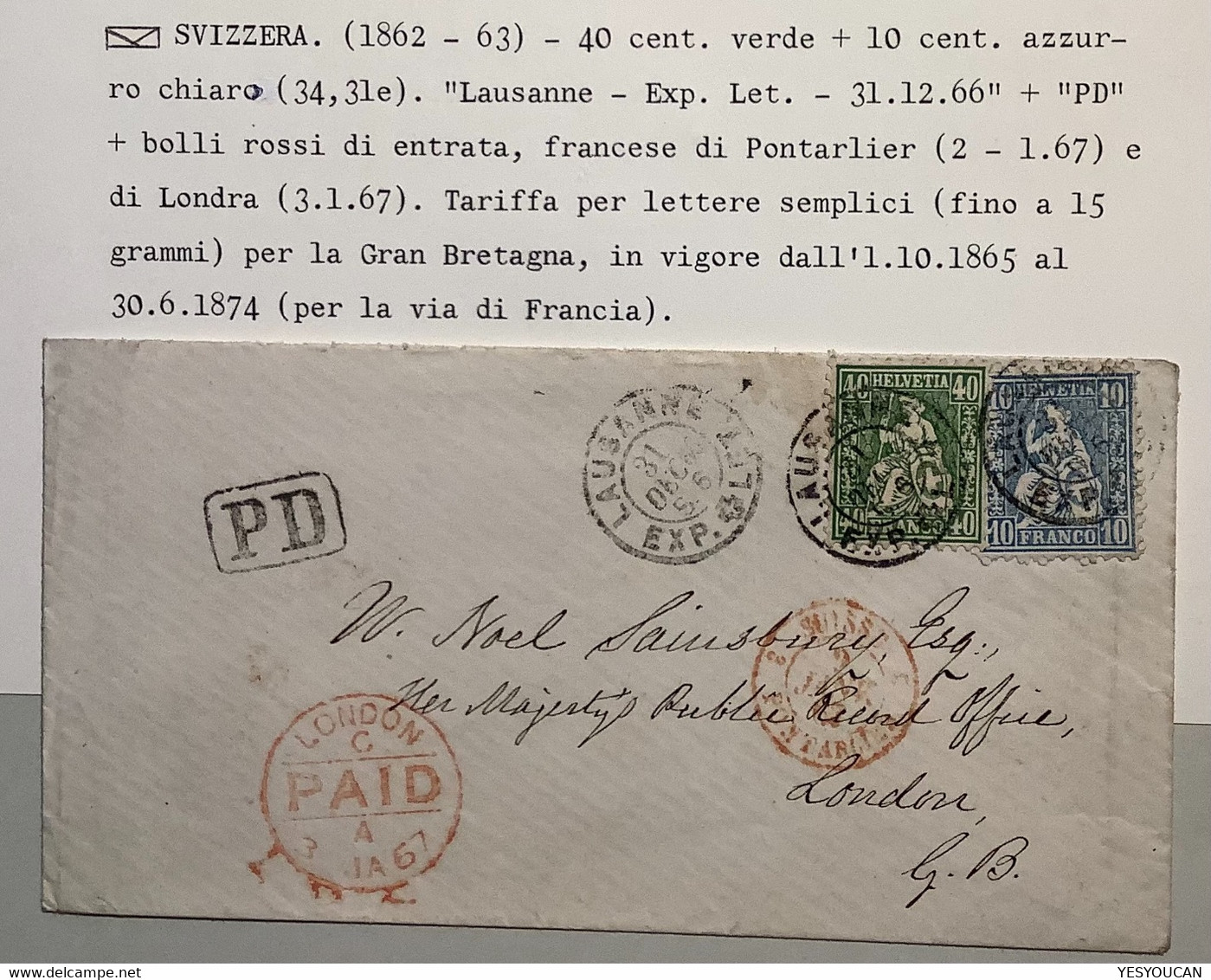 LAUSANNE 1867 Brief>LONDON GB, Tadellose ZNr 34,31e: 1862 Sitzende Helvetia 40 + 10 Rp. Ex Provera (Schweiz VD Cover - Briefe U. Dokumente