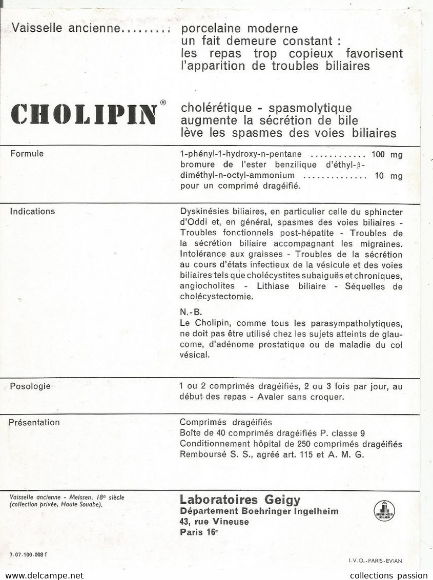 Publicité , Laboratoires GEIGY , CHOLIPIN ,vaisselle Ancienne,  ,Meissen, 18 E Siècle, 2 Scans, Frais Fr : 1.65 E - Advertising