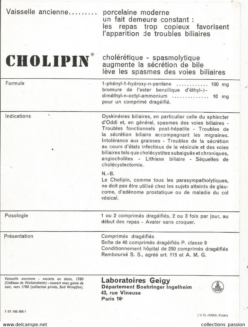 Publicité, Laboratoires GEIGY, CHOLIPIN ,vaisselle Ancienne, Assiette En étain , Couvert Avec Gaine , Frais Fr : 1.65 E - Advertising