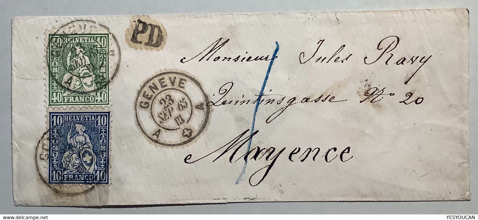 GENEVE 1865 Brief>MAINZ THURN UND TAXIS, ZNr 34,31 1862 Sitzende Helvetia 40 + 10 Rp. Ex Provera (Schweiz Lettre Cover - Briefe U. Dokumente