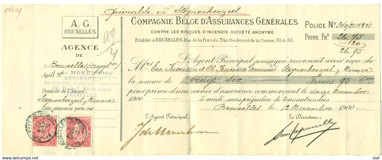 Quittance Des Assurances Générales  à Bruxelles Pour Un Client à Steynockerzeel (Steenokkerzeel) 12-11-1900 - Bank & Versicherung