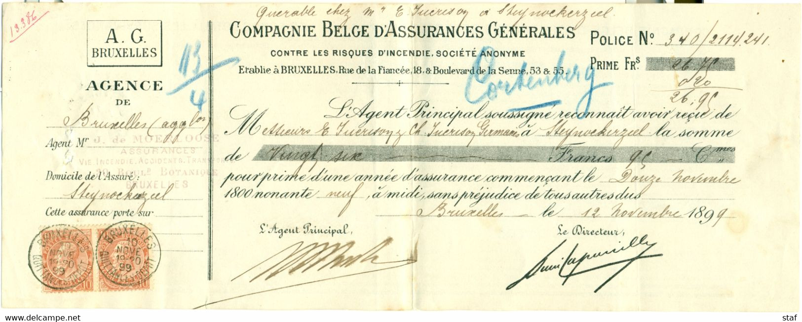 Quittance Des Assurances Générales  à Bruxelles Pour Un Client à Steynockerzeel (Steenokkerzeel) 12-11-1899 - Banque & Assurance