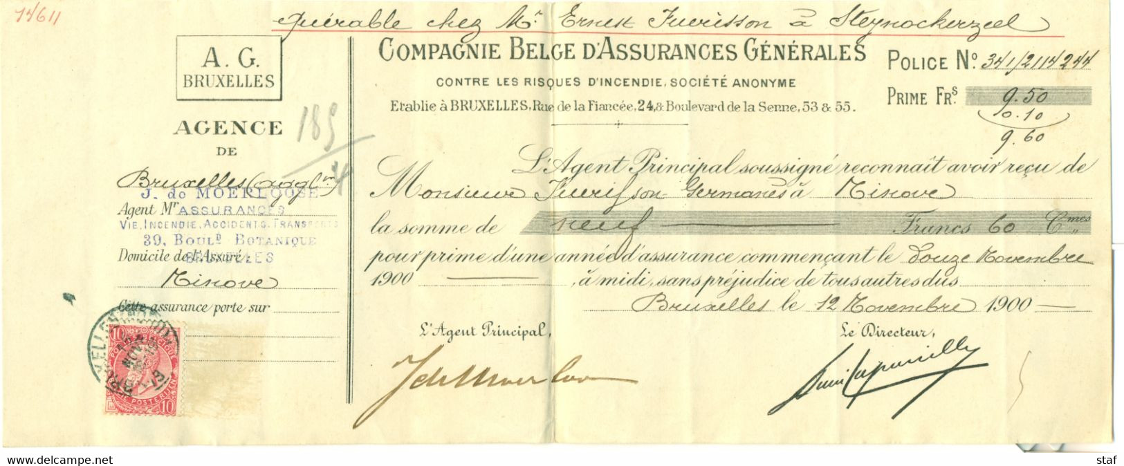 Quittance Des Assurances Générales  à Bruxelles Pour Un Client à Ninove - Steynockerzeel (Steenokkerzeel) 12-11-1900 - Banque & Assurance