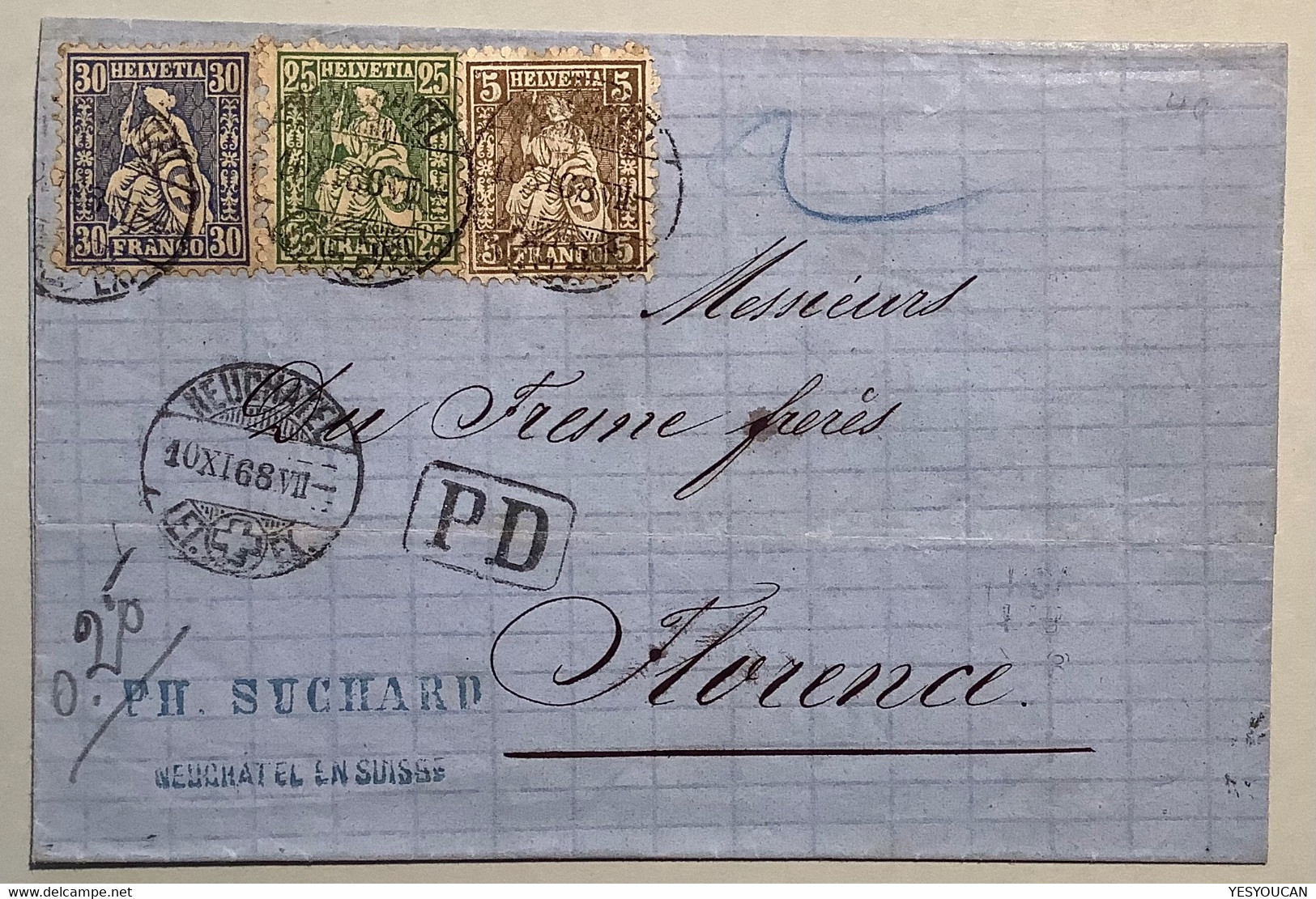 NEUCHATEL 1868 Brief>FIRENZE ITALIA 30d, 40b, 41c 1862 Sitzende Helvetia(Schweiz Lettre Cover Italy Italien Suchard - Covers & Documents