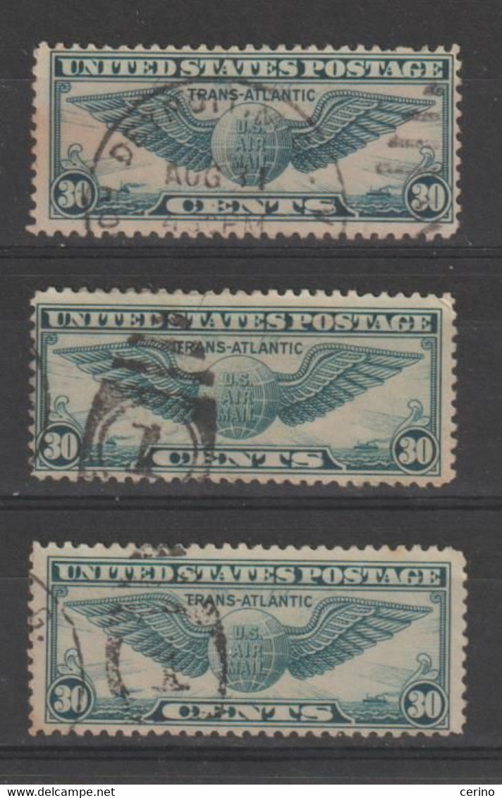 U.S.A.:  1939  AIR  MAIL  TRANS-ATLANTIC  -  30 C. USED  STAMPS  -  REP.  3  EXEMPLARY  -  YV/TELL. 25 - 1a. 1918-1940 Usati