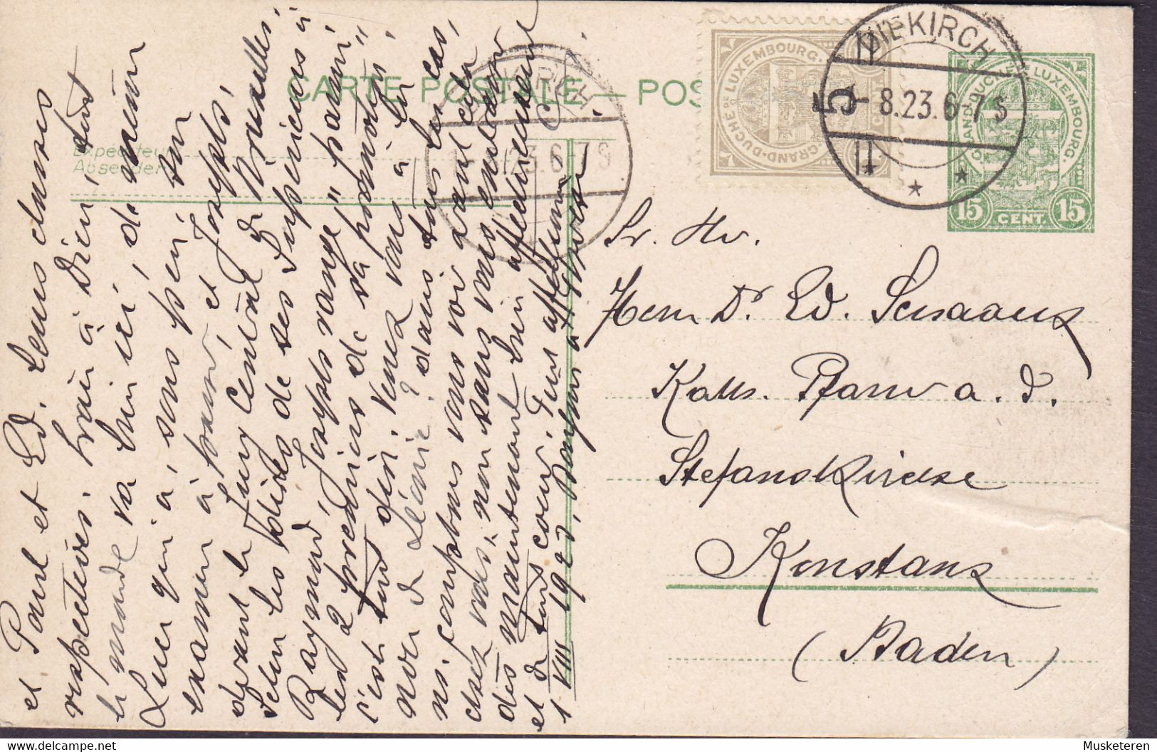 Luxembourg Uprated Postal Stationery Ganzsache Entier DIEKIRCH 1923 KONSTANZ Baden ERROR Variety In Overprint Beams - Varietà & Curiosità