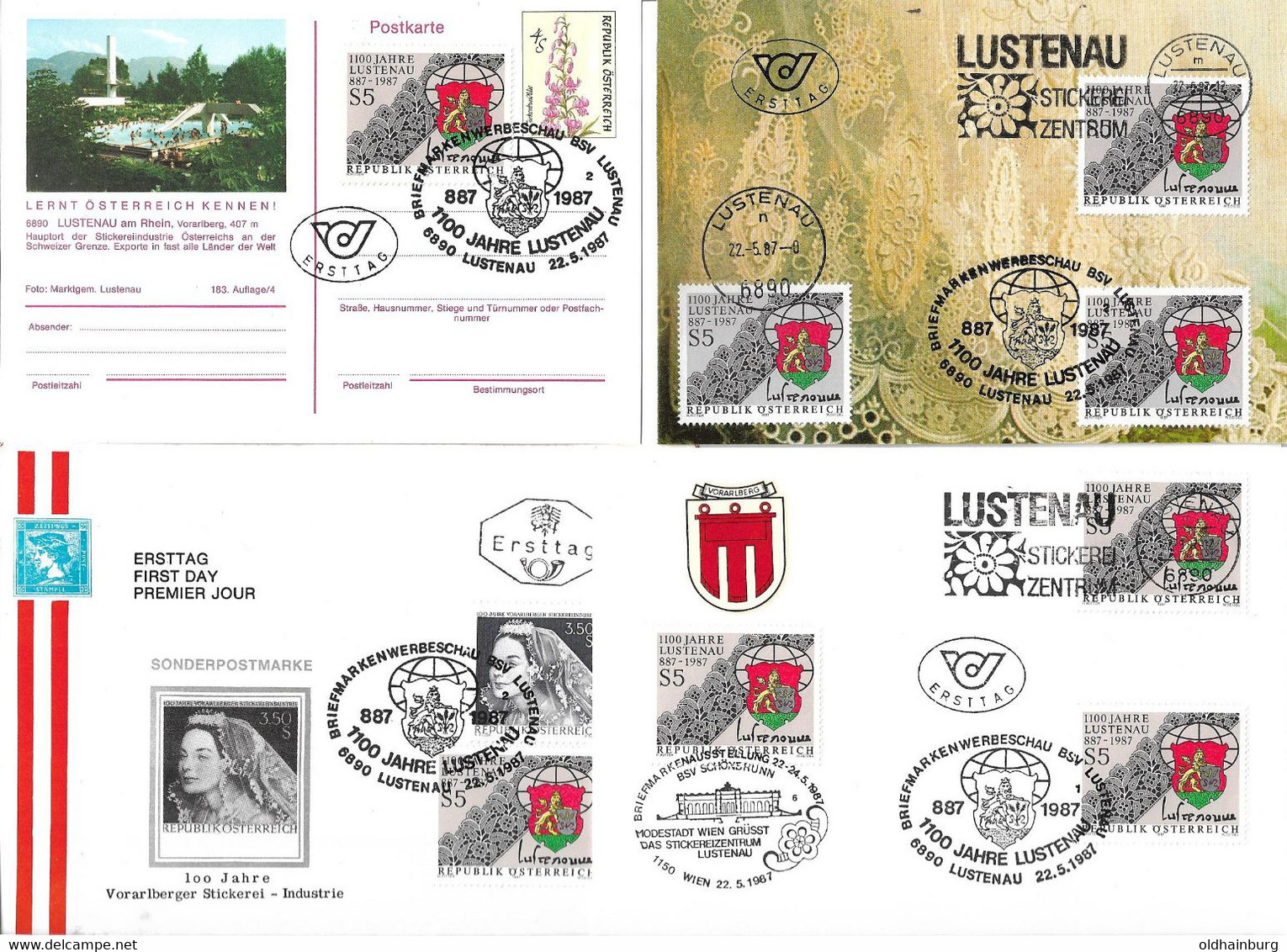 1840a: Österreich 1987, Stickerei- Industrie Vorarlberg, 6890 Lustenau- Belegsammlung & Bildpostkarte - Lustenau