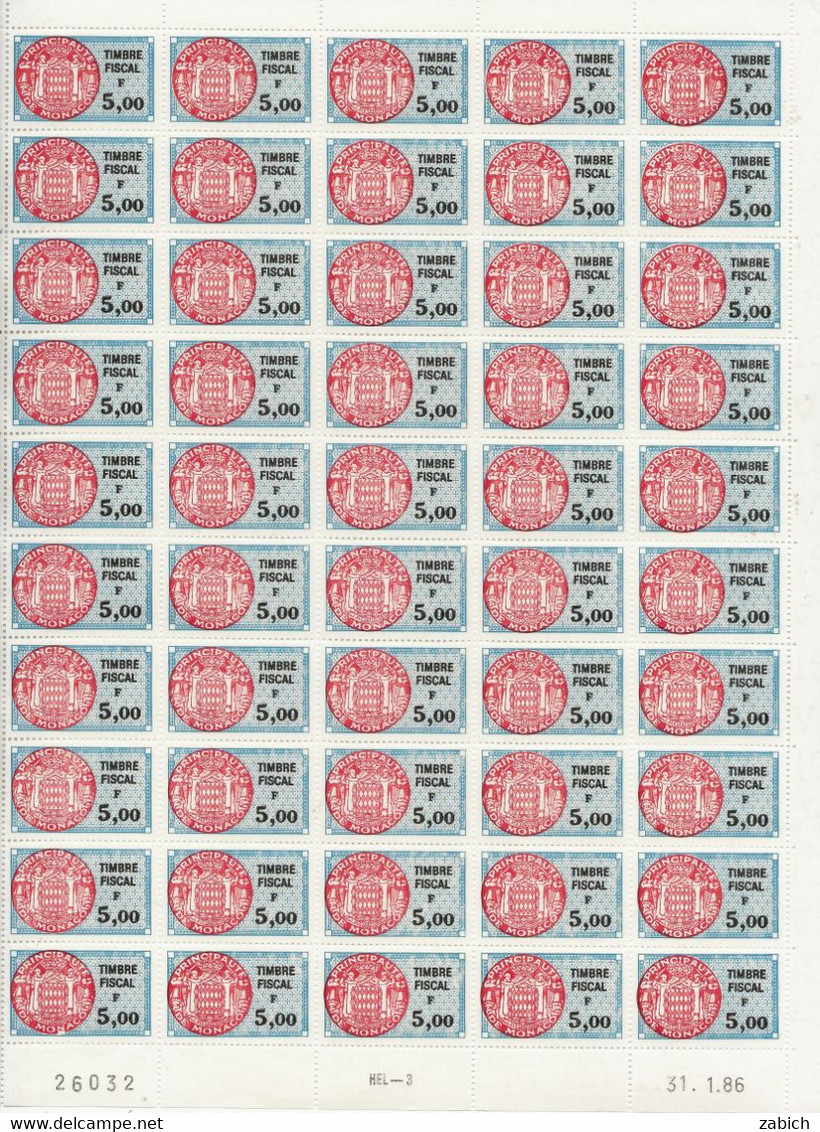 FISCAUX DE MONACO SERIE UNIFIEE  Feuille De 50 Timbres (**) Du N°79 5F00  Bleu Er Rouge Coin Daté 31 1 86 C0TE 250€ - Fiscale Zegels