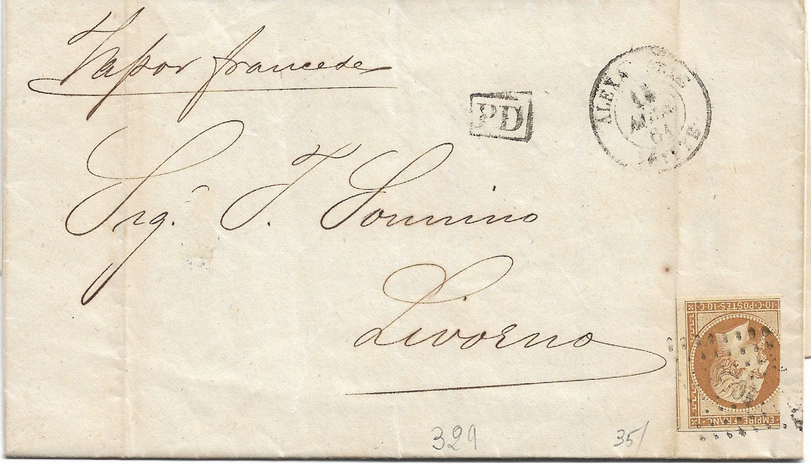 1861 FRANCIA Napoleone III C.10 Su Lettera Completa Di Testo Alessandria (27.5.) Per Livorno Un Margine Corto - 1853-1860 Napoleon III