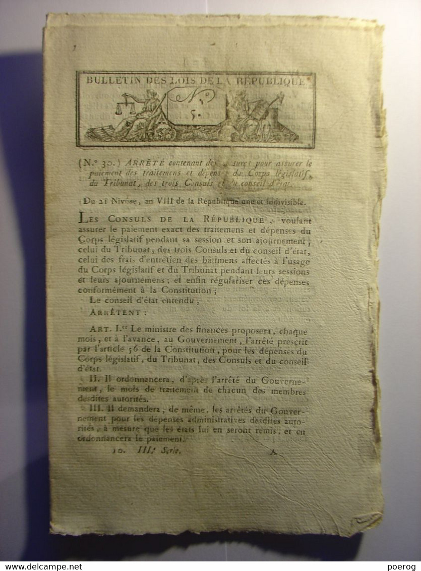 BULLETIN DES LOIS De NIVOSE AN 8 (JANVIER 1800) - RETOUR EMIGRES - ARTILLERIE RECENSSEMENT CITOYENS DE 20 ANS EMIGRATION - Decrees & Laws