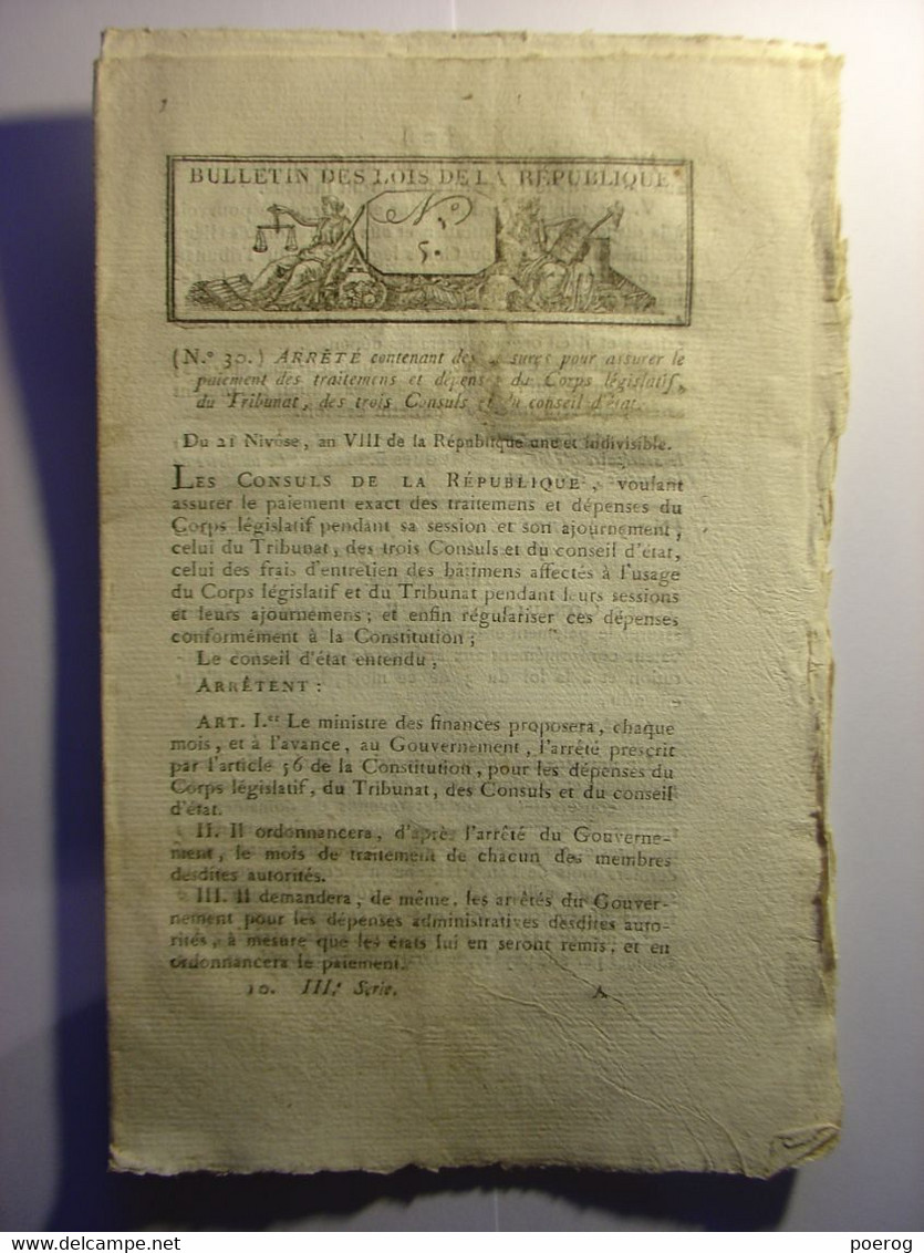 BULLETIN DES LOIS De NIVOSE AN 8 (JANVIER 1800) - RETOUR EMIGRES - ARTILLERIE RECENSSEMENT CITOYENS DE 20 ANS EMIGRATION - Décrets & Lois