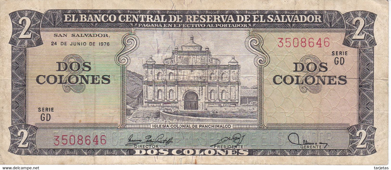 BILLETE DE EL SALVADOR DE 2 COLONES DEL AÑO 1976/77 DE CRISTOBAL COLON   (BANKNOTE) - El Salvador