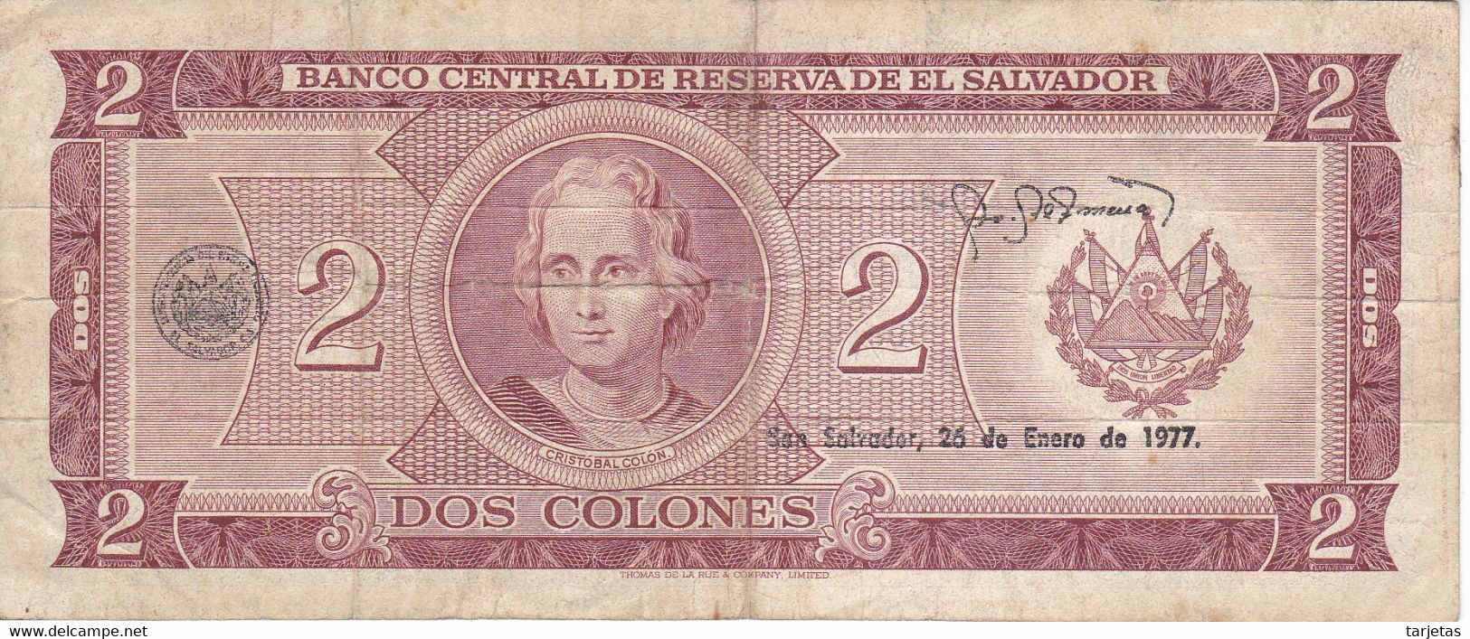 BILLETE DE EL SALVADOR DE 2 COLONES DEL AÑO 1976/77 DE CRISTOBAL COLON   (BANKNOTE) - El Salvador