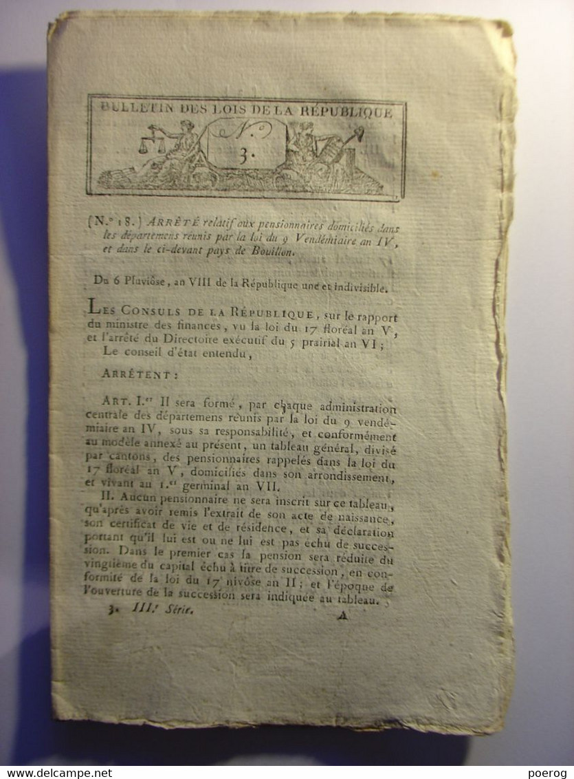 BULLETIN DES LOIS JANVIER 1800 - ACCEPTATION ET RESULTAT VOTE CONSTITUTION + FETE NATIONALE - PAYS DE BOUILLON BELGIQUE - Wetten & Decreten