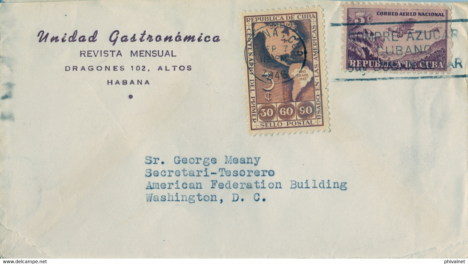 1946 CUBA , SOBRE CIRCULADO , LA HABANA - WASHINGTON , UNIDAD GASTRONÓMICA , REVISTA MENSUAL - Storia Postale